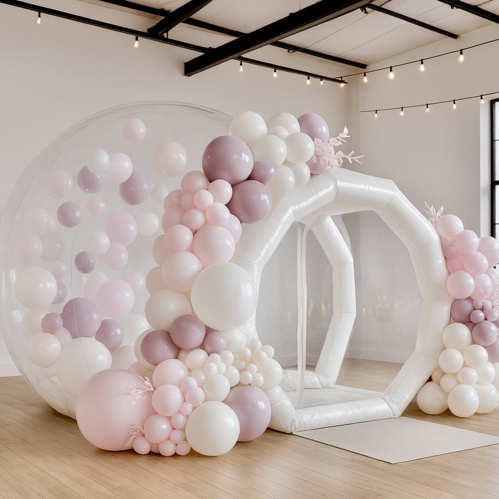 Clear bubble house outdoors with a blue shark themed balloon and ball fill inside; bold attention-grabbing setup.