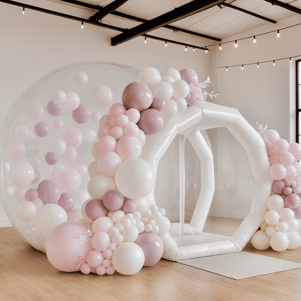 Luxury Bubble House with balloon garland and Indoor Bounce House rental in snohomish county and king county.