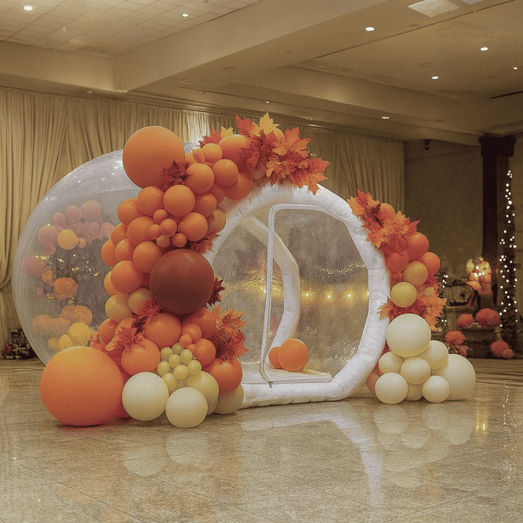 Luxury Indoor bubble house rental in Everett WA with balloon garland styling, perfect for kids parties, weddings, Halloween parties, and fall events in Snohomish County.