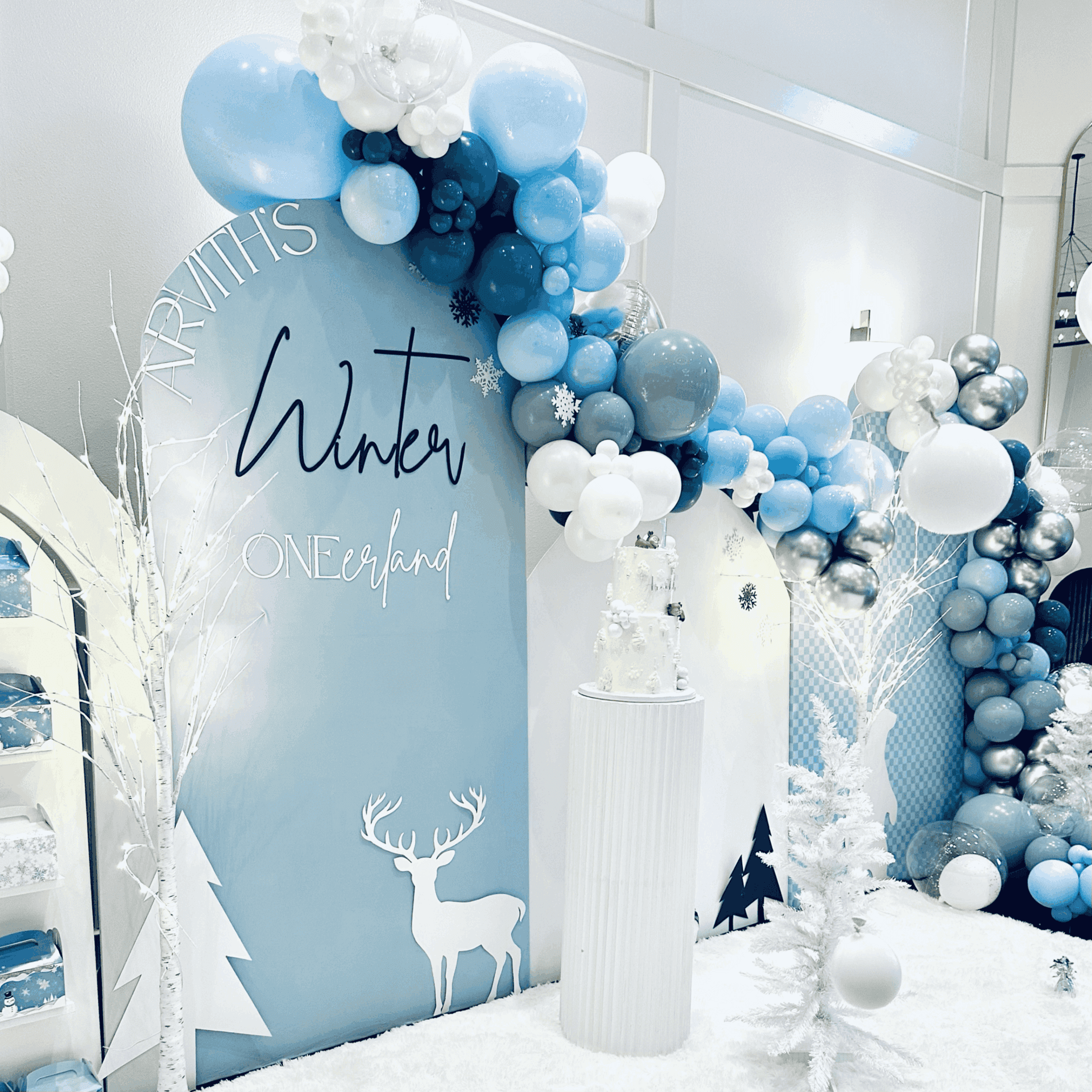 Photo: Christmas balloon backdrop with modern arch frames and Winter Wonderland signage for rental events.