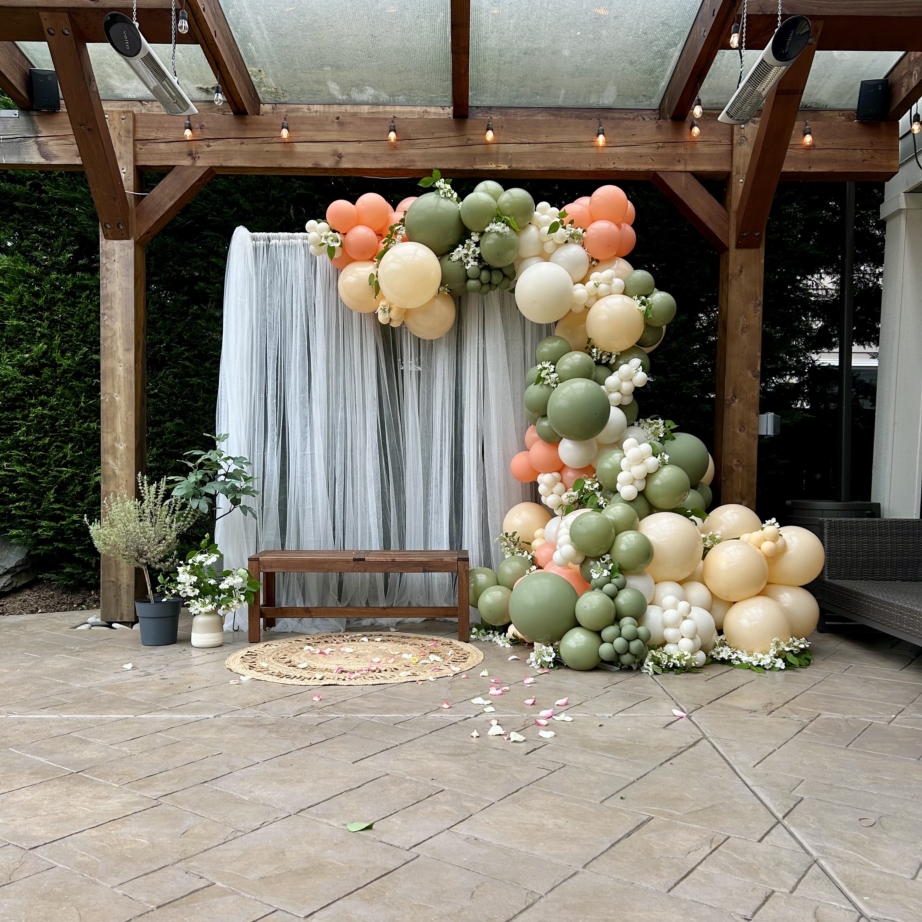 Peach, sage, and ivory balloon garland and custom backdrop styled for a 40th Birthday in Lynnwood, WA