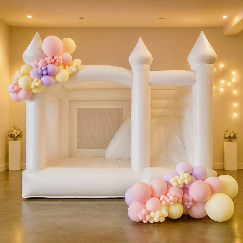 St Helens white bounce house with blush, lavender, and ivory balloon garland for a birthday in Monroe, WA